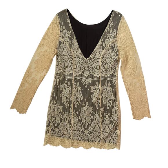 NWOT Free People Lace Boho Mini Dress - Tan and Black - Vintage Inspired - M - Picture 4 of 8